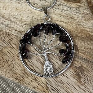 WIRE WRAPPED GARNET TREE OF LIFE PENDANT WITH CHAIN